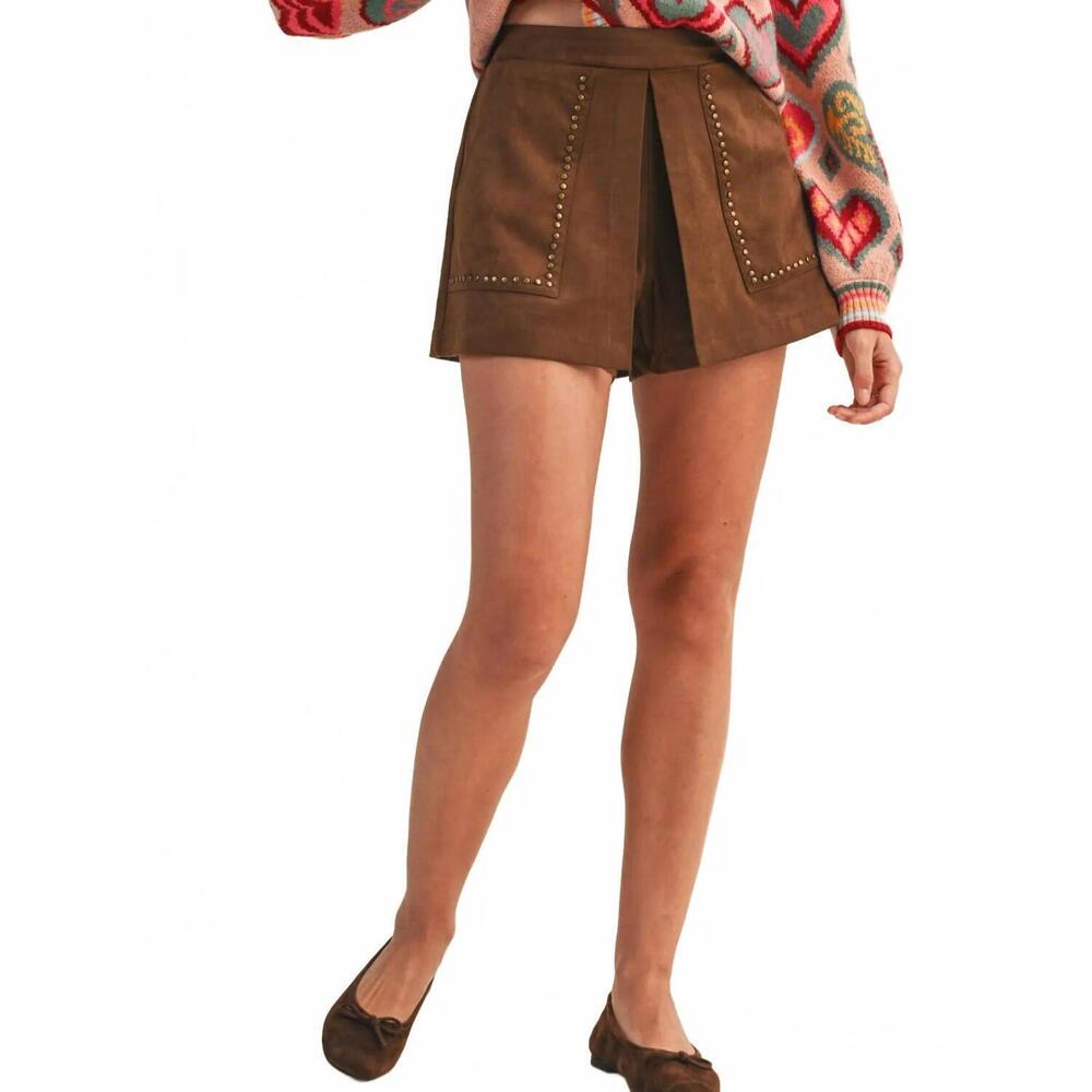 NEW MERCI outlaw studded pull-on skort in brown